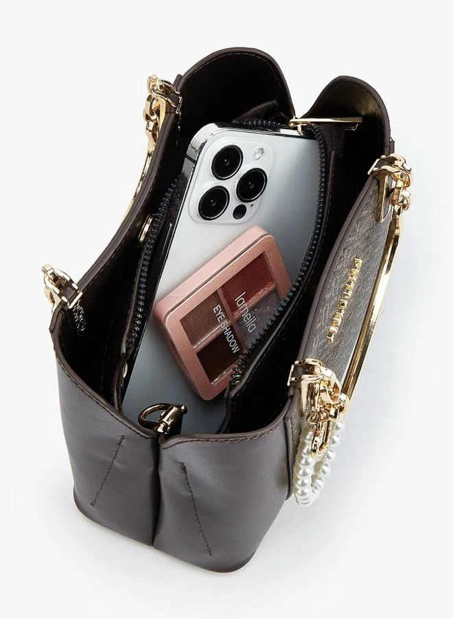 Flora Bella By Shoexpress BROWN Floral Print Bag With Metallic Handles, Pearl Charm, And A Detachable Shoulder Strap for Women | Best Price UAE